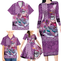 Hawaii Mele Kalikimaka Family Matching Long Sleeve Bodycon Dress and Hawaiian Shirt Funny Santa with Tribal Tattoos Kakau Purple Color - Polynesian Pride