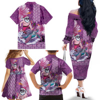 Hawaii Mele Kalikimaka Family Matching Off The Shoulder Long Sleeve Dress and Hawaiian Shirt Funny Santa with Tribal Tattoos Kakau Purple Color - Polynesian Pride