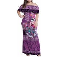 Hawaii Mele Kalikimaka Family Matching Off Shoulder Maxi Dress and Hawaiian Shirt Funny Santa with Tribal Tattoos Kakau Purple Color - Polynesian Pride