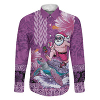 Hawaii Mele Kalikimaka Family Matching Off Shoulder Short Dress and Hawaiian Shirt Funny Santa with Tribal Tattoos Kakau Purple Color LT03 Dad's Shirt - Long Sleeve Purple - Polynesian Pride