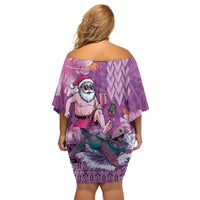 Hawaii Mele Kalikimaka Family Matching Off Shoulder Short Dress and Hawaiian Shirt Funny Santa with Tribal Tattoos Kakau Purple Color - Polynesian Pride