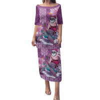 Hawaii Mele Kalikimaka Family Matching Puletasi and Hawaiian Shirt Funny Santa with Tribal Tattoos Kakau Purple Color - Polynesian Pride