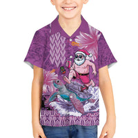 Hawaii Mele Kalikimaka Family Matching Puletasi and Hawaiian Shirt Funny Santa with Tribal Tattoos Kakau Purple Color - Polynesian Pride