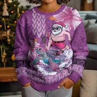 Hawaii Mele Kalikimaka Kid Ugly Christmas Sweater Funny Santa with Tribal Tattoos Kakau Purple Color - Polynesian Pride
