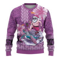 Hawaii Mele Kalikimaka Ugly Christmas Sweater Funny Santa with Tribal Tattoos Kakau Purple Color - Polynesian Pride