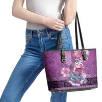 Hawaii Mele Kalikimaka Leather Tote Bag Funny Santa with Tribal Tattoos Kakau Purple Color - Polynesian Pride