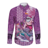 Hawaii Mele Kalikimaka Long Sleeve Button Shirt Funny Santa with Tribal Tattoos Kakau Purple Color - Polynesian Pride