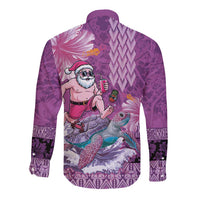 Hawaii Mele Kalikimaka Long Sleeve Button Shirt Funny Santa with Tribal Tattoos Kakau Purple Color - Polynesian Pride
