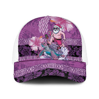 Hawaii Mele Kalikimaka Mesh Trucker Cap Funny Santa with Tribal Tattoos Kakau Purple Color - Polynesian Pride