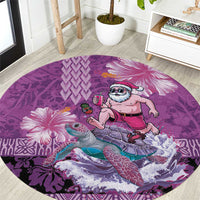 Hawaii Mele Kalikimaka Round Carpet Funny Santa with Tribal Tattoos Kakau Purple Color - Polynesian Pride