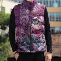 Hawaii Mele Kalikimaka Sleeveless Puffer Jacket Funny Santa with Tribal Tattoos Kakau Purple Color - Polynesian Pride