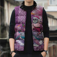 Hawaii Mele Kalikimaka Sleeveless Puffer Jacket Funny Santa with Tribal Tattoos Kakau Purple Color - Polynesian Pride