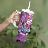 Hawaii Mele Kalikimaka Tumbler With Handle Funny Santa with Tribal Tattoos Kakau Purple Color - Polynesian Pride
