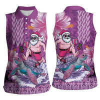 Hawaii Mele Kalikimaka Women Sleeveless Polo Shirt Funny Santa with Tribal Tattoos Kakau Purple Color - Polynesian Pride