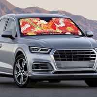 Hawaii Santa Mele Kalikimaka Auto Sun Shade Tropical Puakenikeni Lei with Polynesian Tribal Pattern - Polynesian Pride