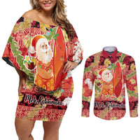 Hawaii Santa Mele Kalikimaka Couples Matching Off Shoulder Short Dress and Long Sleeve Button Shirt Tropical Puakenikeni Lei with Polynesian Tribal Pattern - Polynesian Pride