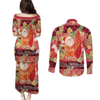 Hawaii Santa Mele Kalikimaka Couples Matching Puletasi and Long Sleeve Button Shirt Tropical Puakenikeni Lei with Polynesian Tribal Pattern - Polynesian Pride