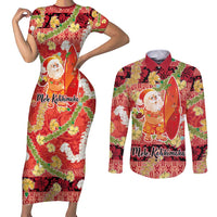 Hawaii Santa Mele Kalikimaka Couples Matching Short Sleeve Bodycon Dress and Long Sleeve Button Shirt Tropical Puakenikeni Lei with Polynesian Tribal Pattern - Polynesian Pride