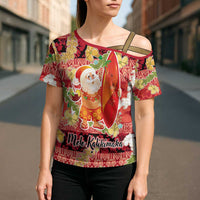 Hawaii Santa Mele Kalikimaka Cross Shoulder Shirt Tropical Puakenikeni Lei with Polynesian Tribal Pattern - Polynesian Pride