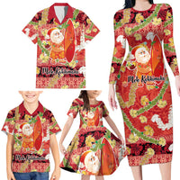 Hawaii Santa Mele Kalikimaka Family Matching Long Sleeve Bodycon Dress and Hawaiian Shirt Tropical Puakenikeni Lei with Polynesian Tribal Pattern - Polynesian Pride