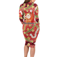 Hawaii Santa Mele Kalikimaka Family Matching Long Sleeve Bodycon Dress and Hawaiian Shirt Tropical Puakenikeni Lei with Polynesian Tribal Pattern - Polynesian Pride