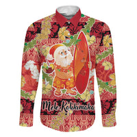 Hawaii Santa Mele Kalikimaka Family Matching Off The Shoulder Long Sleeve Dress and Hawaiian Shirt Tropical Puakenikeni Lei with Polynesian Tribal Pattern LT03 Dad's Shirt - Long Sleeve Red - Polynesian Pride