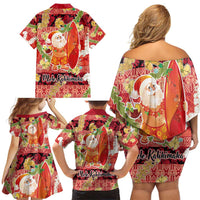 Hawaii Santa Mele Kalikimaka Family Matching Off Shoulder Short Dress and Hawaiian Shirt Tropical Puakenikeni Lei with Polynesian Tribal Pattern - Polynesian Pride