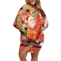 Hawaii Santa Mele Kalikimaka Family Matching Off Shoulder Short Dress and Hawaiian Shirt Tropical Puakenikeni Lei with Polynesian Tribal Pattern - Polynesian Pride