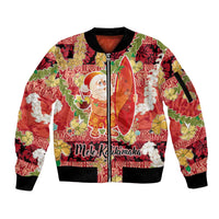 Hawaii Santa Mele Kalikimaka Sleeve Zip Bomber Jacket Tropical Puakenikeni Lei with Polynesian Tribal Pattern - Polynesian Pride