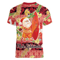 Hawaii Santa Mele Kalikimaka Women V-Neck T-Shirt Tropical Puakenikeni Lei with Polynesian Tribal Pattern - Polynesian Pride