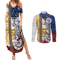 Hawaii Lutheran High School Couples Matching Summer Maxi Dress and Long Sleeve Button Shirt Kakau Pattern Splash Style LT03 Red - Polynesian Pride