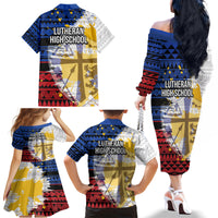 Hawaii Lutheran High School Family Matching Off Shoulder Long Sleeve Dress and Hawaiian Shirt Kakau Pattern Splash Style LT03 - Polynesian Pride