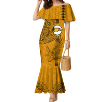 Nanakuli High and Intermediate School Family Matching Mermaid Dress and Hawaiian Shirt Tribal Kakau Pattern LT03 Mom's Dress Yellow - Polynesian Pride