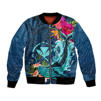 Hawaii Bomber Jacket Whale Mix Hibiscus and Kanaka Maoli Blue Version LT03 Unisex Blue - Polynesian Pride
