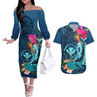 Hawaii Couples Matching Off The Shoulder Long Sleeve Dress and Hawaiian Shirt Whale Mix Hibiscus and Kanaka Maoli Blue Version LT03 Blue - Polynesian Pride