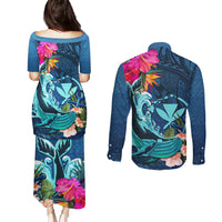 Hawaii Couples Matching Puletasi and Long Sleeve Button Shirt Whale Mix Hibiscus and Kanaka Maoli Blue Version LT03 - Polynesian Pride