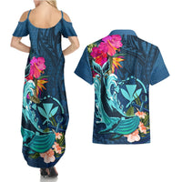 Hawaii Couples Matching Summer Maxi Dress and Hawaiian Shirt Whale Mix Hibiscus and Kanaka Maoli Blue Version LT03 - Polynesian Pride