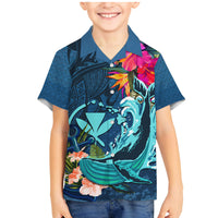 Hawaii Family Matching Mermaid Dress and Hawaiian Shirt Whale Mix Hibiscus and Kanaka Maoli Blue Version LT03 Son's Shirt Blue - Polynesian Pride