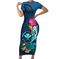 Hawaii Family Matching Short Sleeve Bodycon Dress and Hawaiian Shirt Whale Mix Hibiscus and Kanaka Maoli Blue Version LT03 Mom's Dress Blue - Polynesian Pride