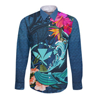 Hawaii Long Sleeve Button Shirt Whale Mix Hibiscus and Kanaka Maoli Blue Version LT03 Unisex Blue - Polynesian Pride