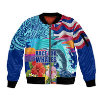 Hawaii Race For Whales Sleeve Zip Bomber Jacket Flag and Polynesian Hibiscus LT03 Unisex Blue - Polynesian Pride