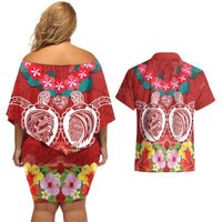 Polynesian Valentine Day Couples Matching Off Shoulder Short Dress and Hawaiian Shirt Love Couple Turtle Maori Hibiscus Red Style LT03 - Polynesian Pride