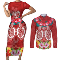 Polynesian Valentine Day Couples Matching Short Sleeve Bodycon Dress and Long Sleeve Button Shirt Love Couple Turtle Maori Hibiscus Red Style LT03 Red - Polynesian Pride