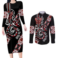 Aotearoa Toitu Te Tiriti-Honour the Treaty Couples Matching Long Sleeve Bodycon Dress and Long Sleeve Button Shirt Maori Taniwha Haka with Taniko and Tukutuku