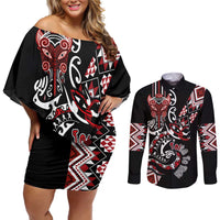 Aotearoa Toitu Te Tiriti-Honour the Treaty Couples Matching Off Shoulder Short Dress and Long Sleeve Button Shirt Maori Taniwha Haka with Taniko and Tukutuku