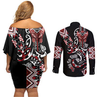 Aotearoa Toitu Te Tiriti-Honour the Treaty Couples Matching Off Shoulder Short Dress and Long Sleeve Button Shirt Maori Taniwha Haka with Taniko and Tukutuku