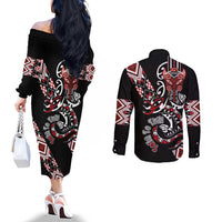 Aotearoa Toitu Te Tiriti-Honour the Treaty Couples Matching Off The Shoulder Long Sleeve Dress and Long Sleeve Button Shirt Maori Taniwha Haka with Taniko and Tukutuku
