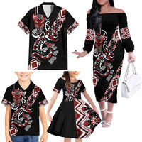 Aotearoa Toitu Te Tiriti-Honour the Treaty Family Matching Off The Shoulder Long Sleeve Dress and Hawaiian Shirt Maori Taniwha Haka with Taniko and Tukutuku