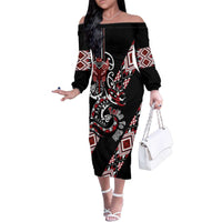 Aotearoa Toitu Te Tiriti-Honour the Treaty Family Matching Off The Shoulder Long Sleeve Dress and Hawaiian Shirt Maori Taniwha Haka with Taniko and Tukutuku