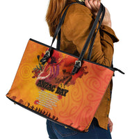 Australia and New Zealand ANZAC Day Leather Tote Bag Soldiers Memories - Red Poppies with Aboriginal and Maori Art